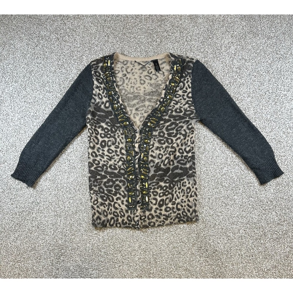 BKE Boutique Women's Small Leopard Cardigan 3/4 Sleeve Brown Embellished